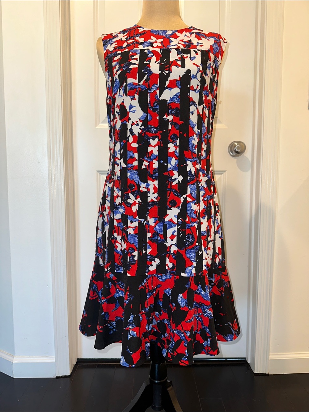 Sleeveless Midi Dress in Red, Blue & Black Floral Stripe